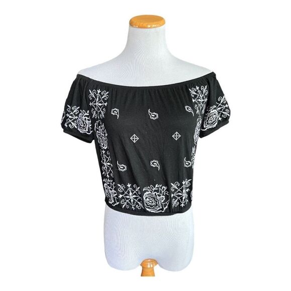Womens Express Black Floral Embroidered Crop Top - Sz S - Picture 1 of 1